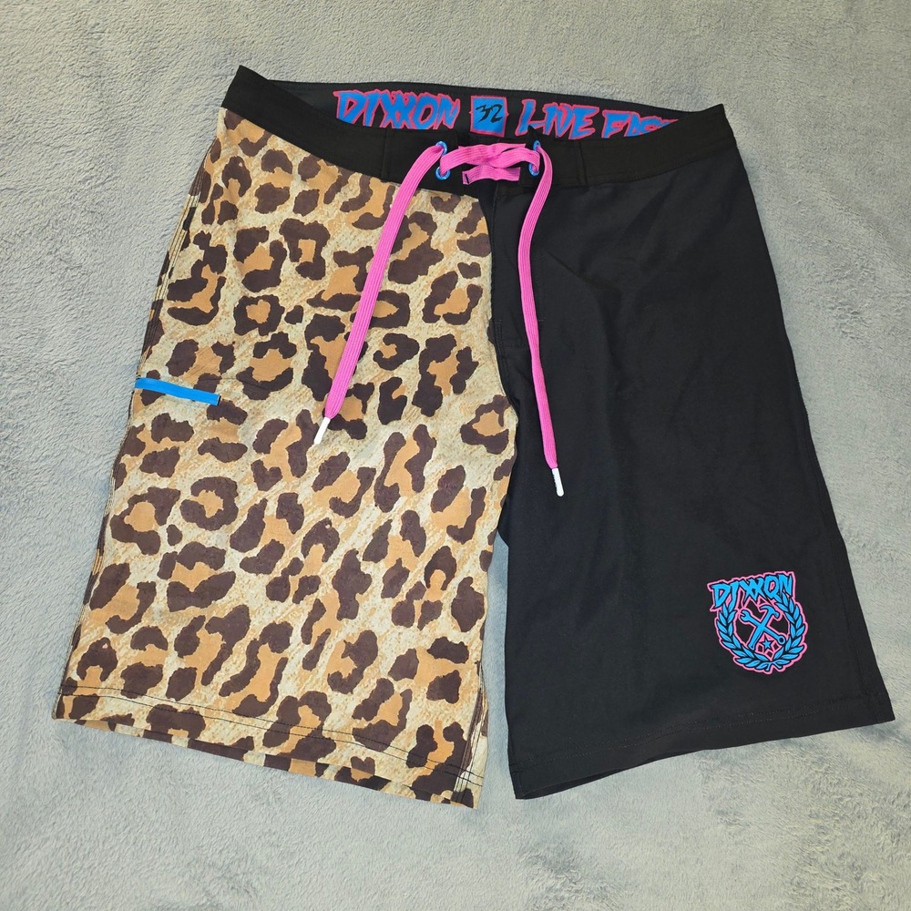Dixxon Flannel Co Mens Board Shorts Size 32 Leopard Print Black Live Fast Swim